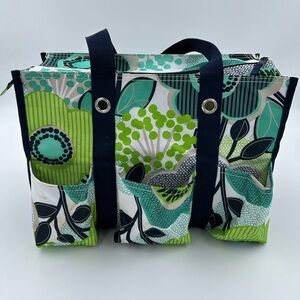 Thirty-one Green and Teal Floral Organizer Tote with Navy Handles